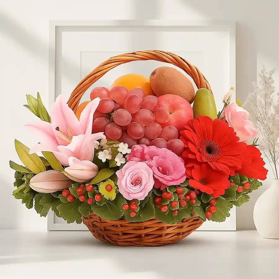 Provocative Basket of Fresh Fruits decorated with Lily, Roses n Gerberas