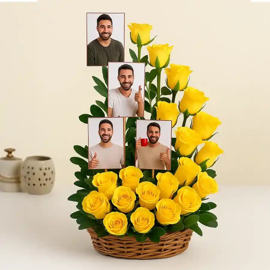 Captivating Arrangement of Yellow Roses with Personalized Pics in a Basket