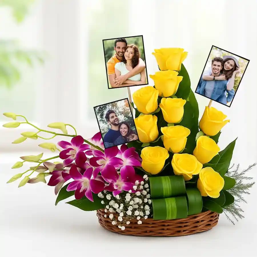 Spectacular Display of Personalized Pics with Yellow Roses n Purple Orchids in Basket