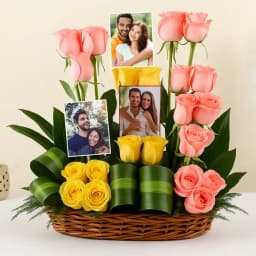 Distinctive Personalized Photo N Mixed Roses Basket Arrangement 1