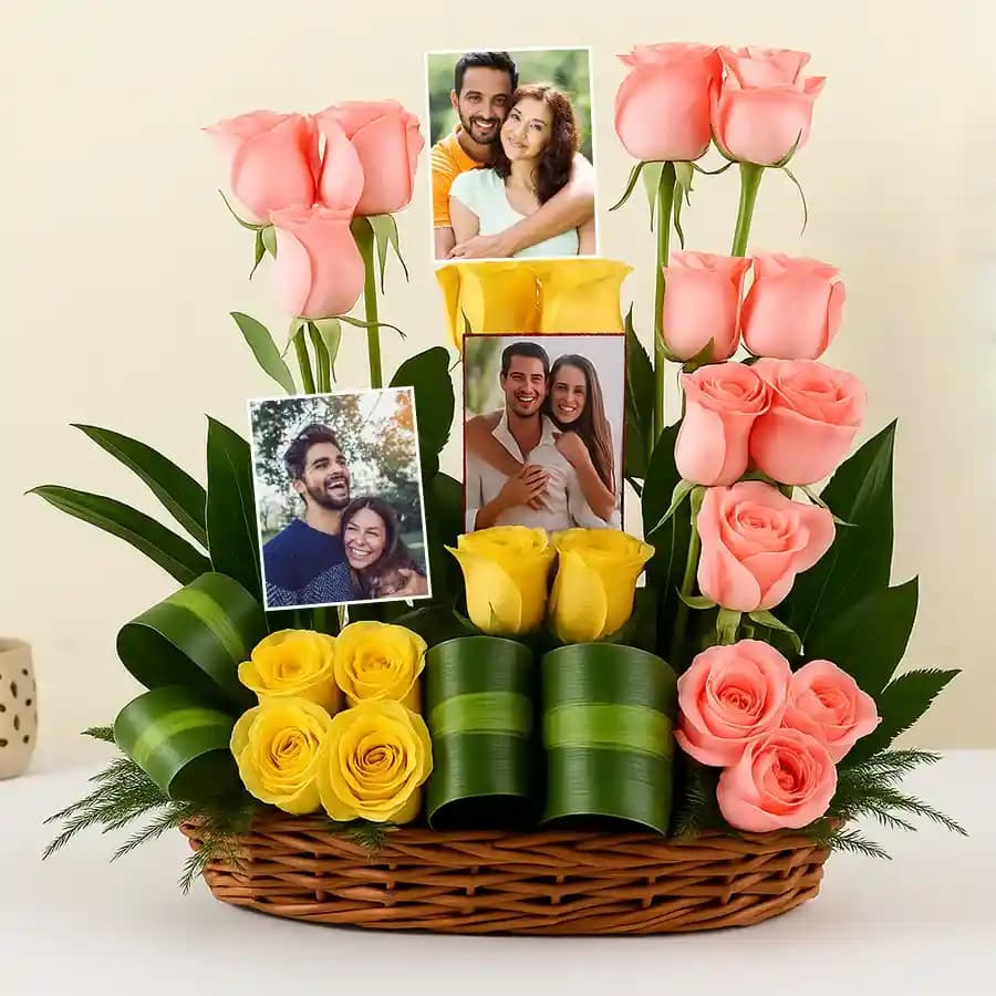 Distinctive Personalized Photo N Mixed Roses Basket Arrangement