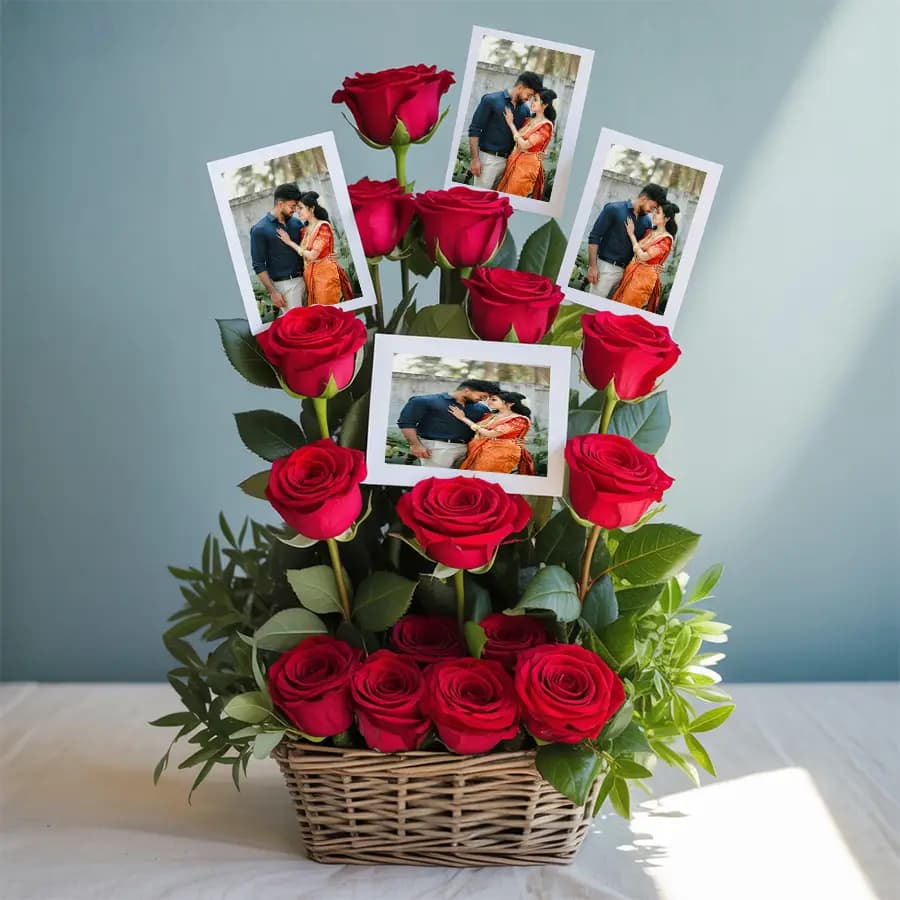 Dazzling Love Basket of Red Roses N Personalized Photos