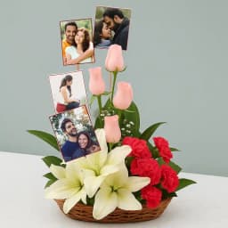 Beautiful Display of Mixed Flowers with Personalized pics in Basket 1