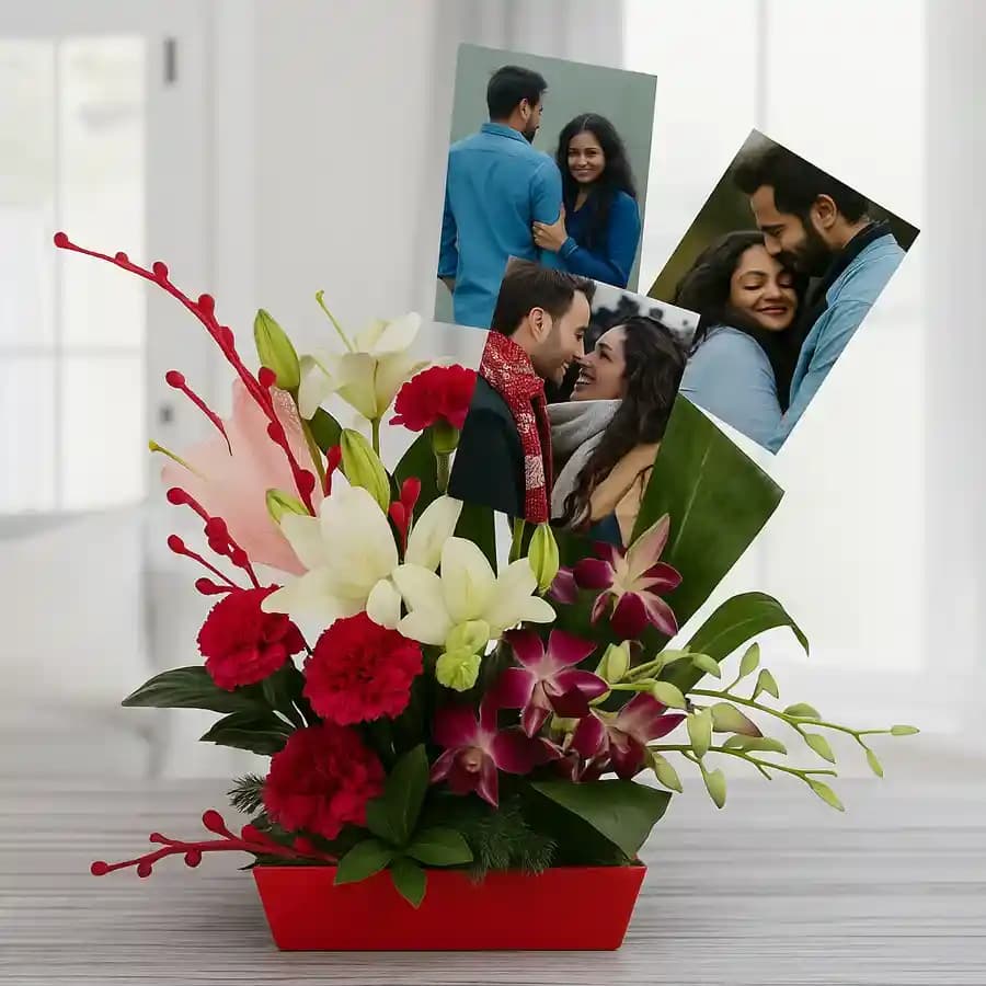 Amazing Display of Personalized Picture n Mixed Flowers in Basket
