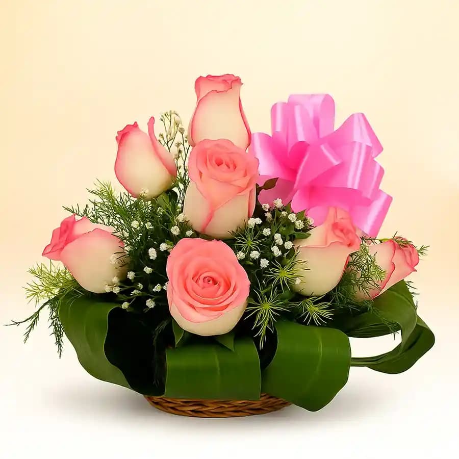 Beautiful 12 Pink Roses Basket