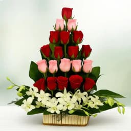 Stunning Mixed Roses N White Orchids Basket 1