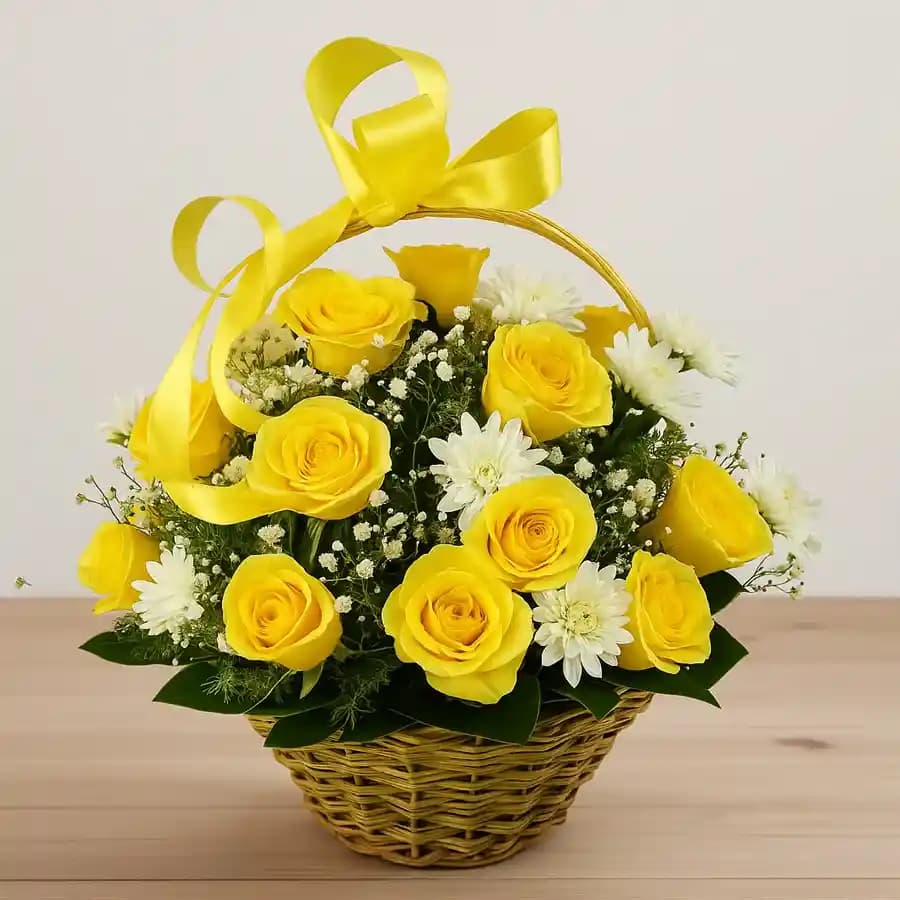 Sun-Shine Basket of 20 Yellow Roses with 2 White Daisies