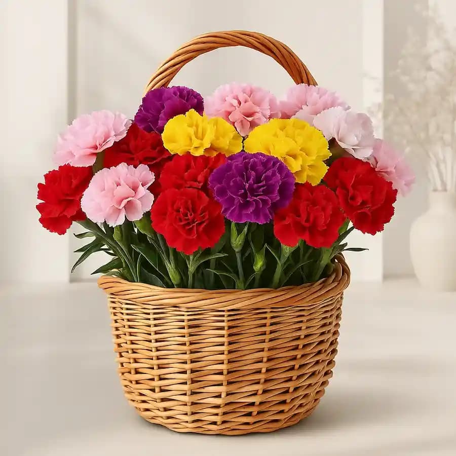 Lovely Basket of 24 Colorful Carnations