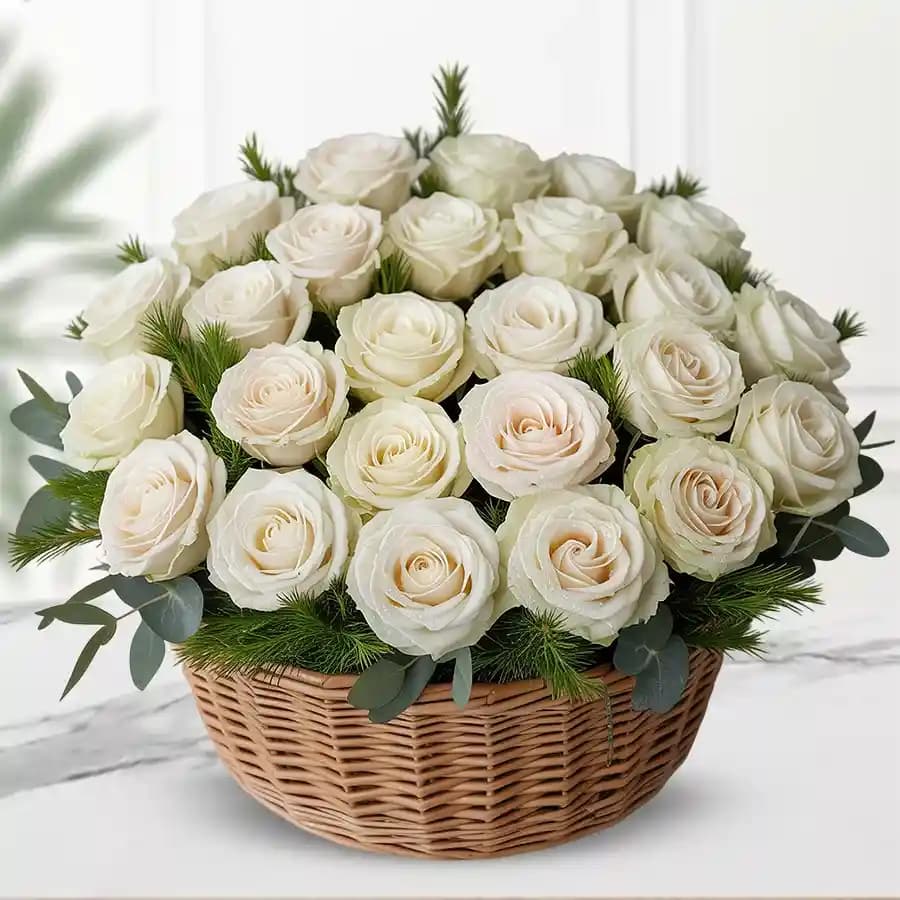 Passionate Basket of 25 White Roses