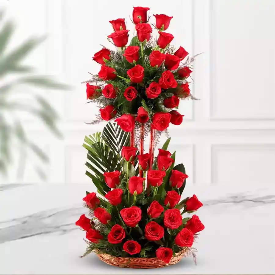 Breathtaking 48 Red Roses Tall Basket Arrangement
