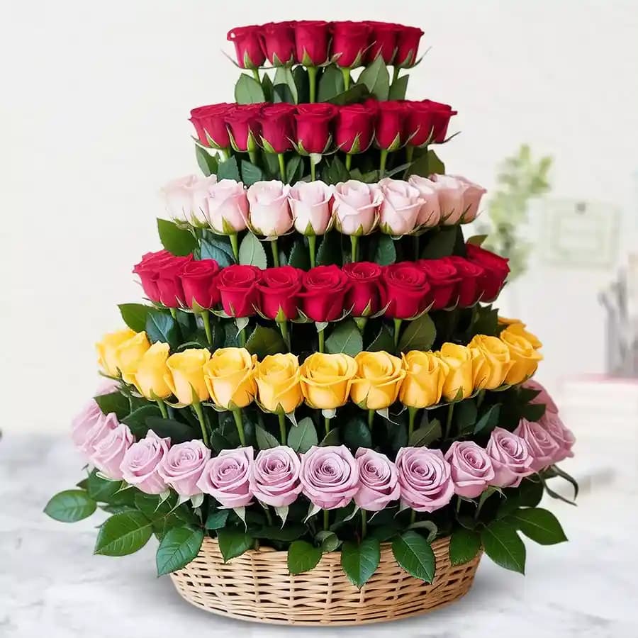 Beautiful Layering of Mixed Roses in a Basket