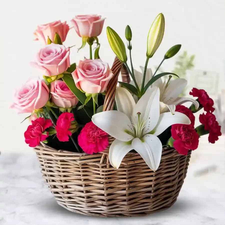 Beautiful Basket of Roses, Carnations n Lilies