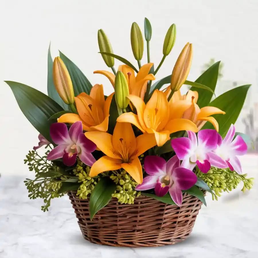 Beautiful Basket of Orange Lilies n Purple Orchids