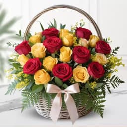 Lovely Basket of Yellow N Red Roses 1