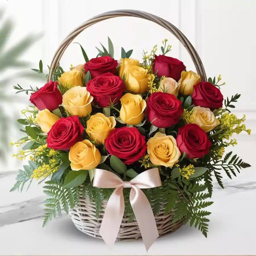 Lovely Basket of Yellow N Red Roses