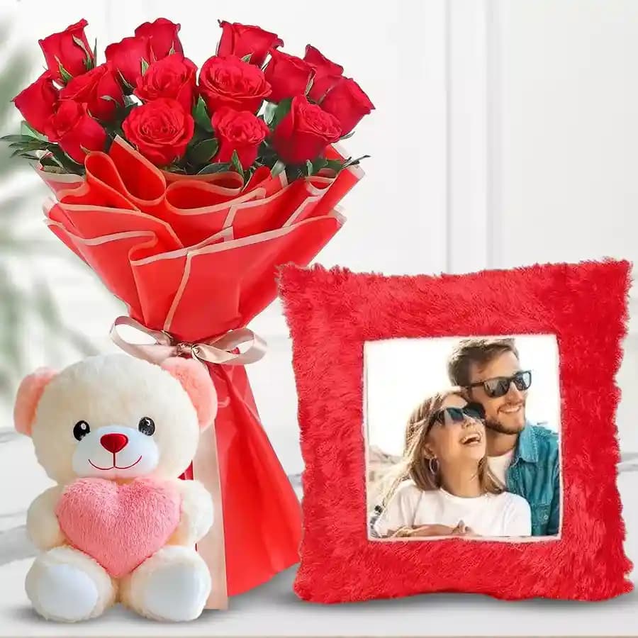 Personalized Cushion with Roses and Teddy Bear
