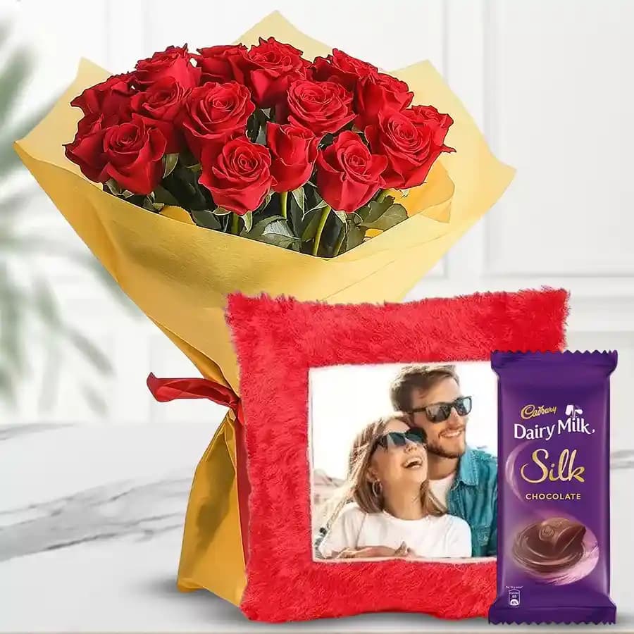 Timeless Red Roses with Custom Cushion & Luxury Chocolate
