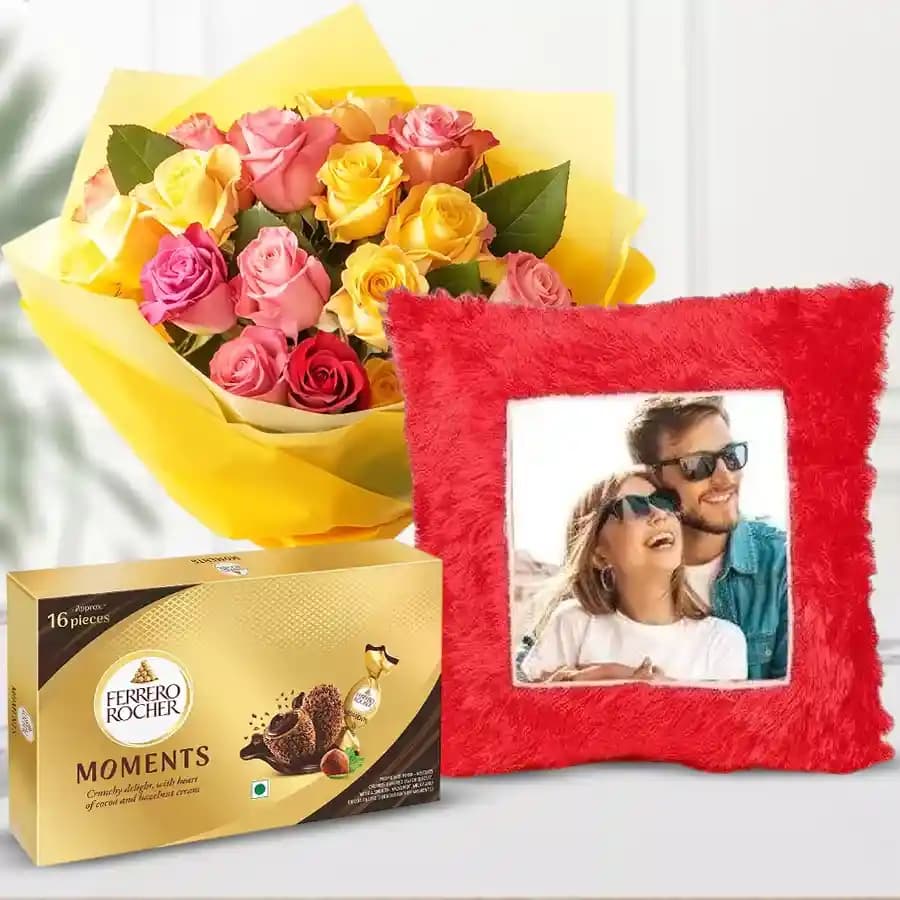 Charming Custom Cushion with Rose Bouquet & Chocolate Surprise