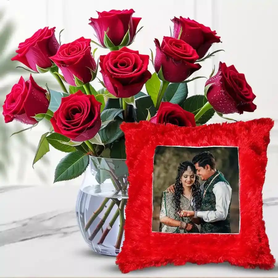 Custom Floral Cushion with Enchanting Red Roses