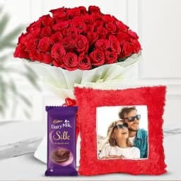 Exclusive Red Rose Arrangement with Custom Cushion and Chocolates 1