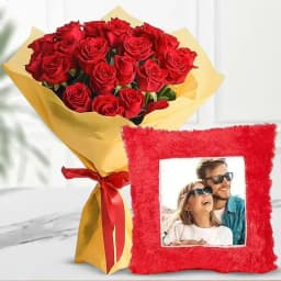 Radiant Red Roses with Customized Cushion 1