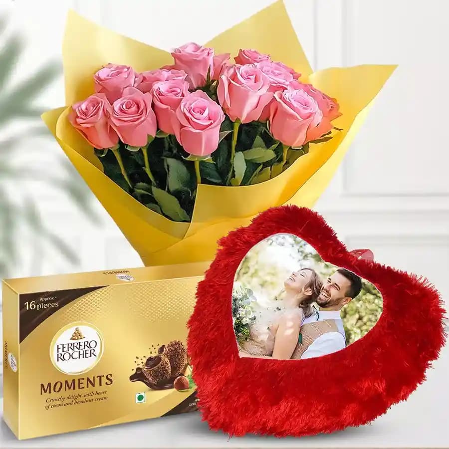 Blushing Romance: Pink Roses with Cushioned Memories & Blissful Chocolates