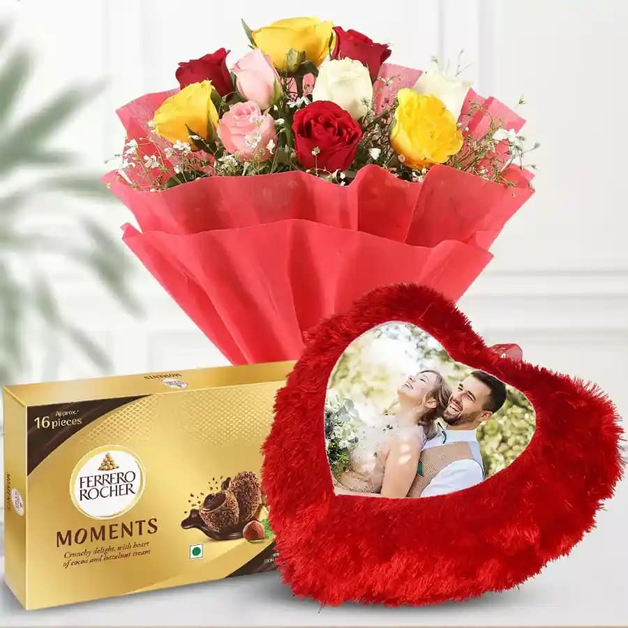 Customized Floral Cushion with Assorted Roses & Chocolate Delight