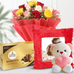 Vibrant Mixed Roses with Personalized Cushion and Sweet Treats 1