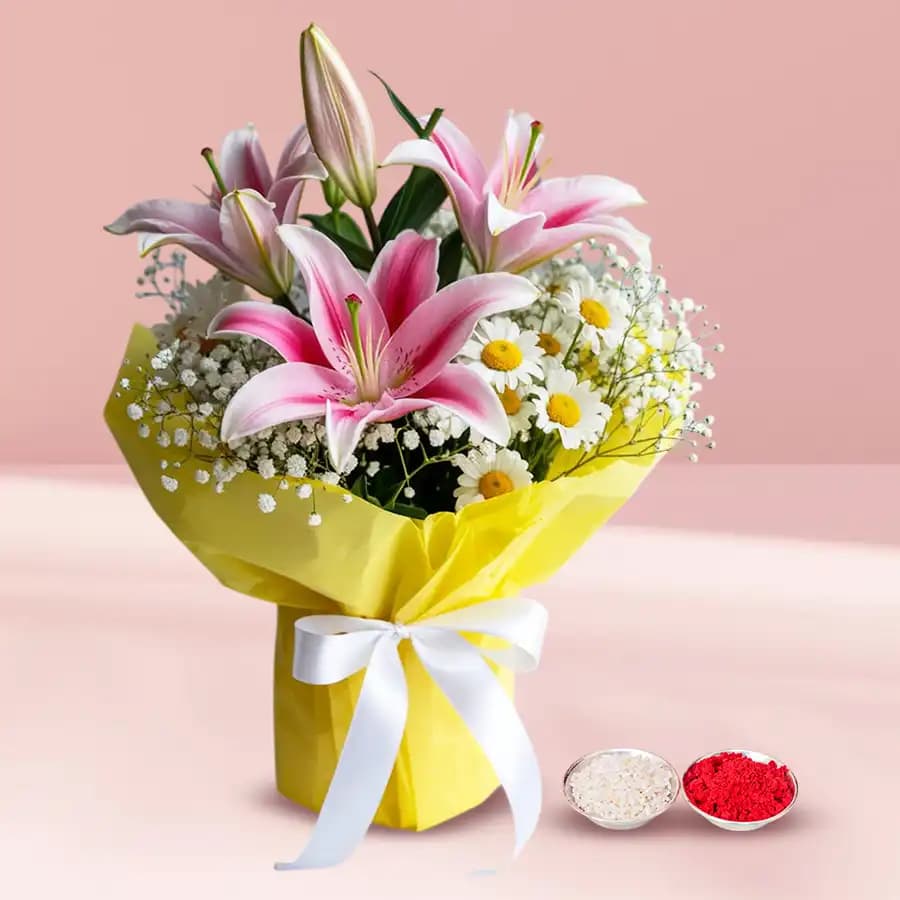 Magnificient bouquet of fresh Lilies with free Roli Tilak and Chawal