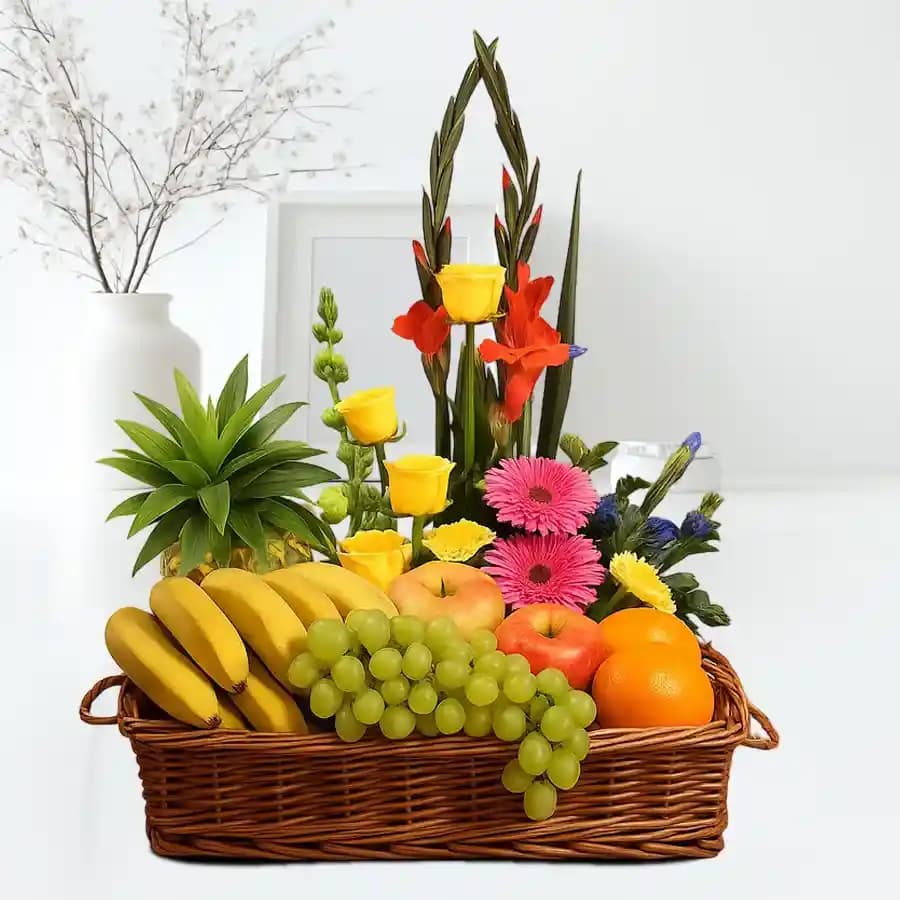 Amazing Fruits Basket with Fresh Flowers