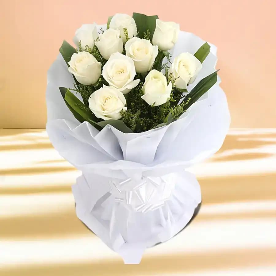 Gorgeous Bouquet of White Roses in White Tissue Wrap
