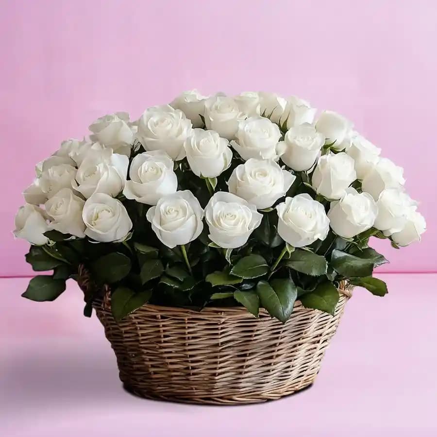 A Cool Breeze White Roses Basket