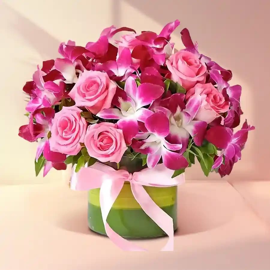 Exotic Pink Roses N Purple Orchids Arrangement