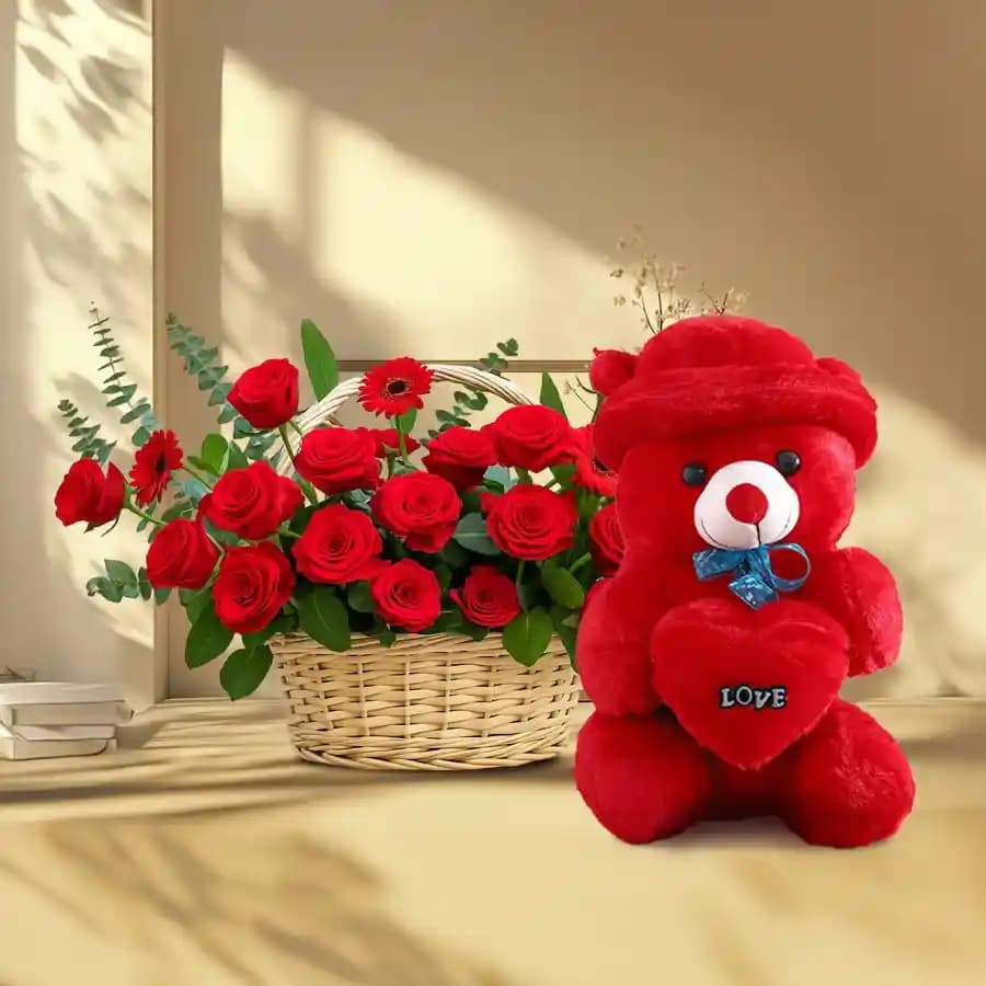 Breath taking Red Gerberas and Roses Basket with Cute Teddy