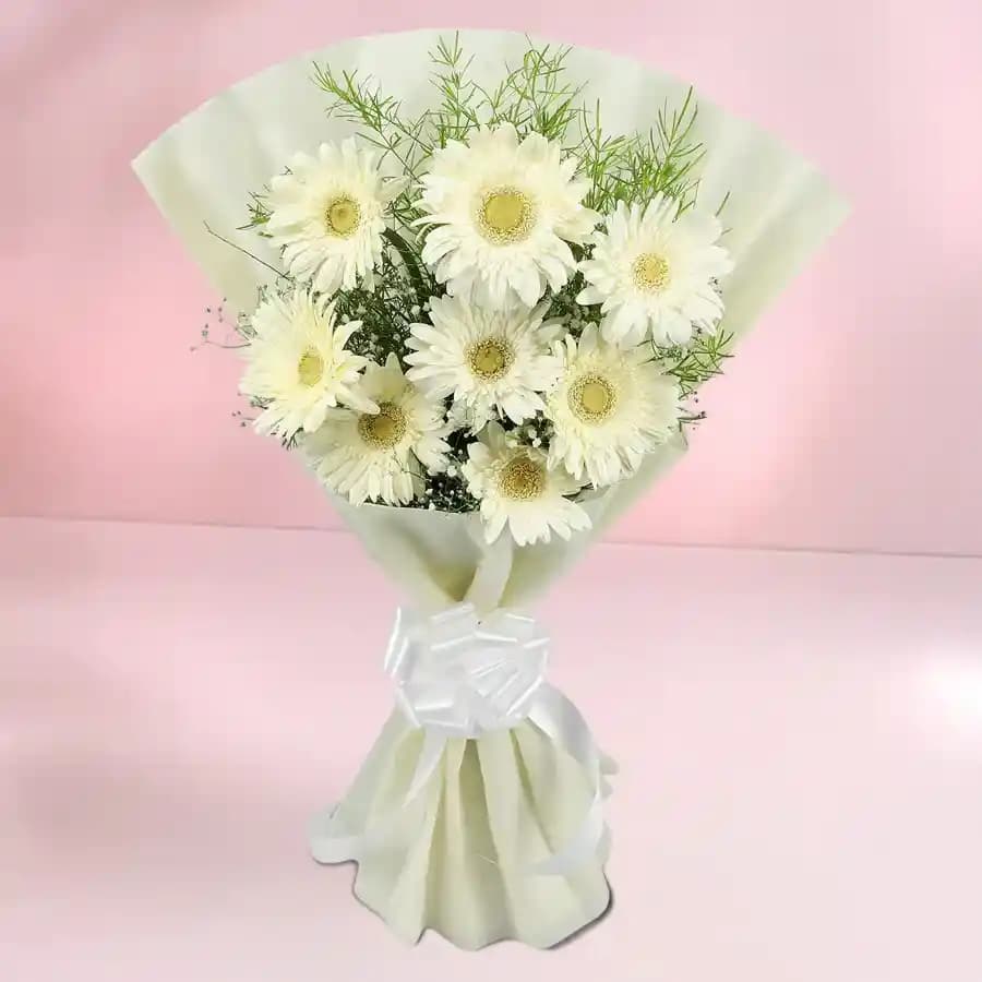 Gorgeous Tissue Wrapped White Gerberas Bouquet