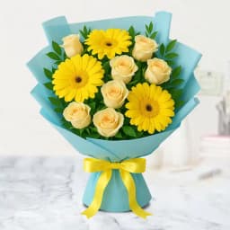 Exotic Tissue Wrapped Yellow Gerberas N White Roses Bouquet 1
