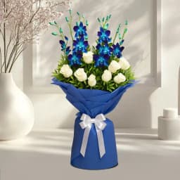 Elegant Blue Orchids N White Roses Tissue Wrapped Bouquet 1