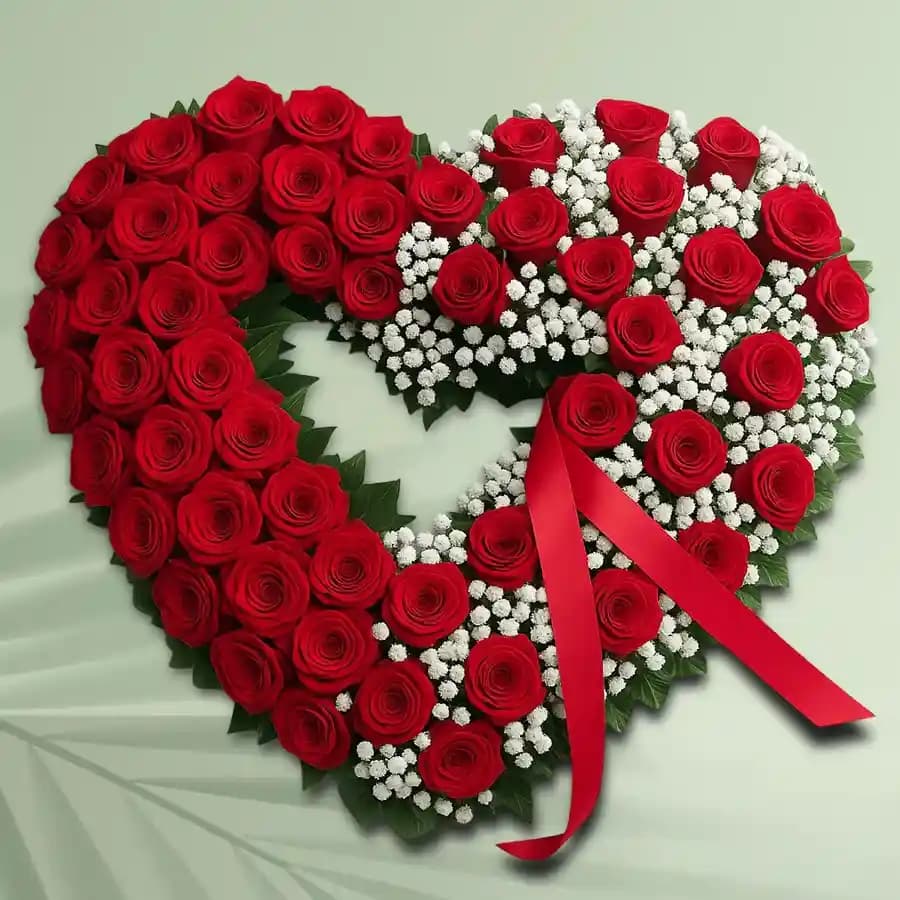 Designer Heart Shaped Arrangement of Red Rose with white Baby Breath fillers
