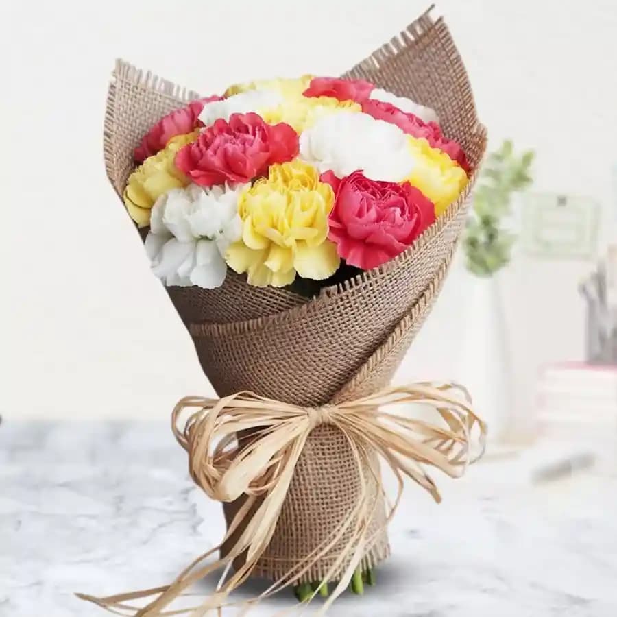 Arresting Mixed Carnation Bouquet Wrapped with Jute