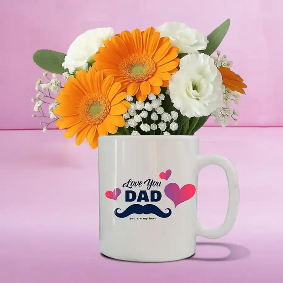 Beautiful Gerberas N Carnations in Dad Printed Mug
