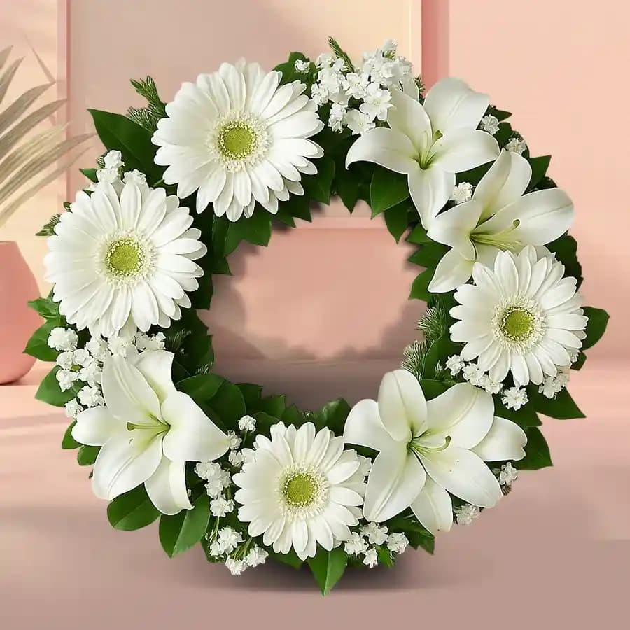 Beautiful White Gerberas N Lilies Wreath