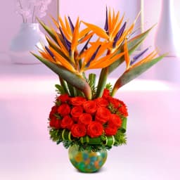 Alluring Red Roses N Birds of Paradise Arrangement 1