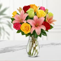 Colourful Roses N Lilies Vase Arrangement 1