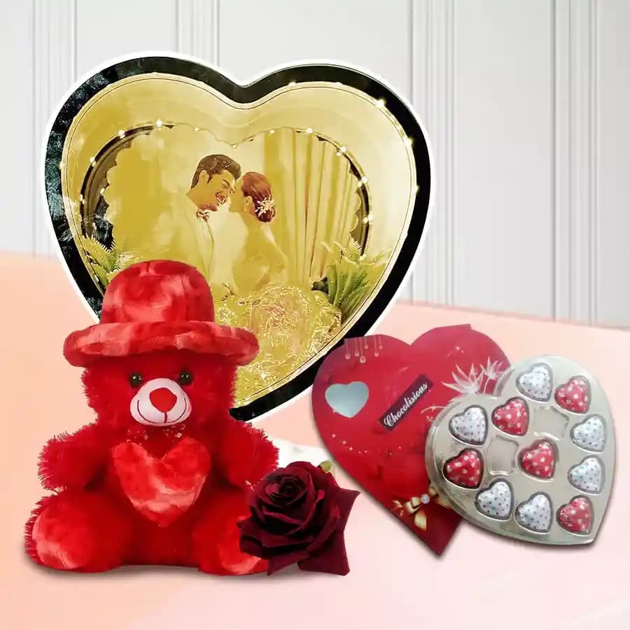 Glamorous Gift of Personalized Photo Magic Mirror with Chocolate Teddy n Roses for Girlfriend