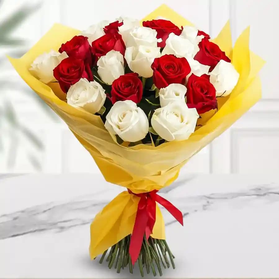 Glowing Marvel Red N White Roses Premium Bouquet