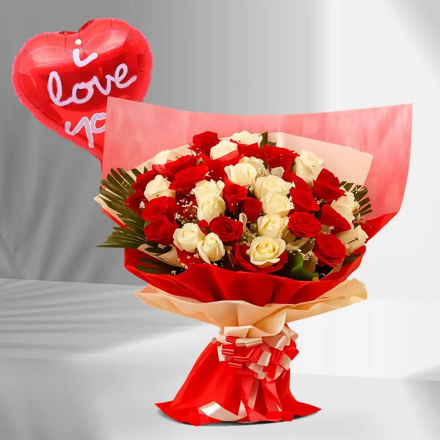 Glowing Marvel Red N White Roses Premium Bouquet