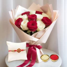 Timeless Elegance: Red & White Rose Bouquet with Rakhi 1