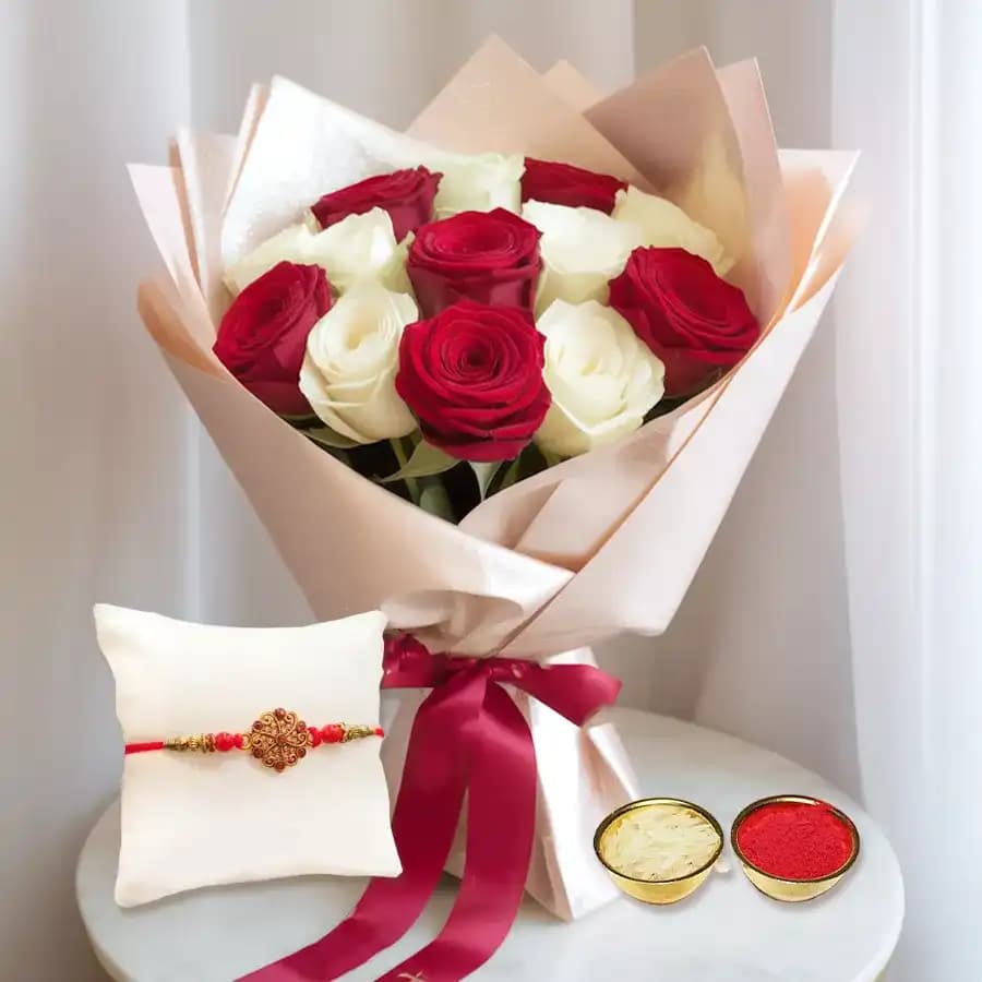 Timeless Elegance: Red & White Rose Bouquet with Rakhi