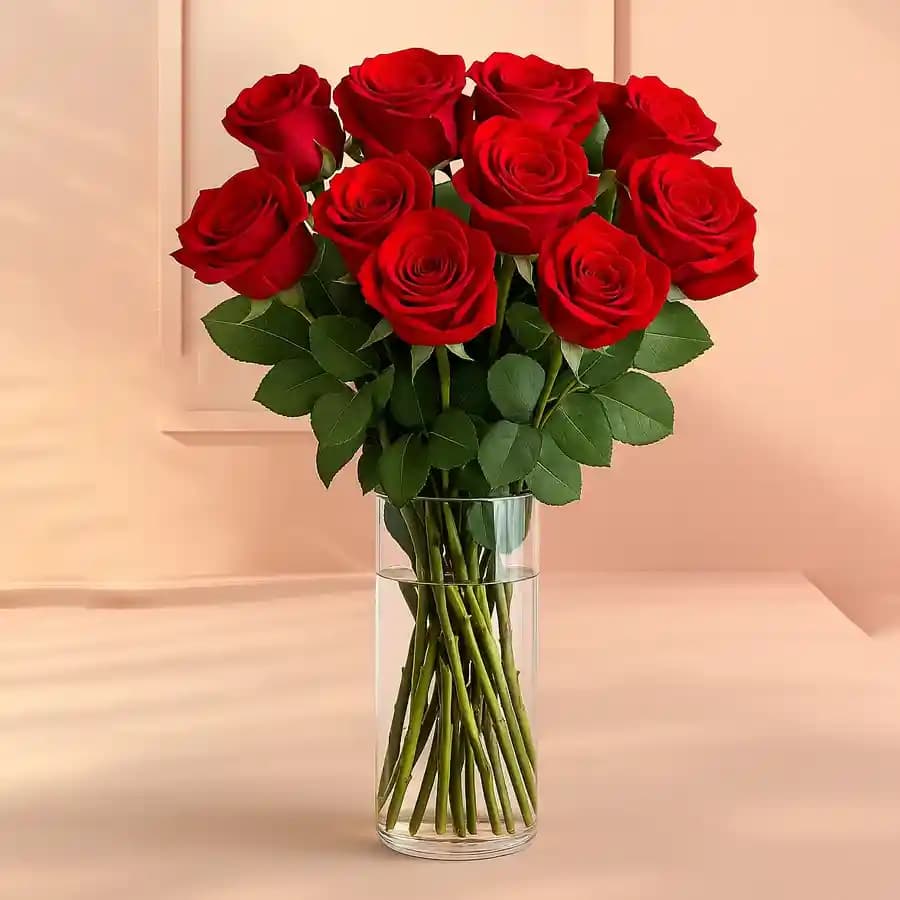 Long Stem Red Roses in a Glass Vase