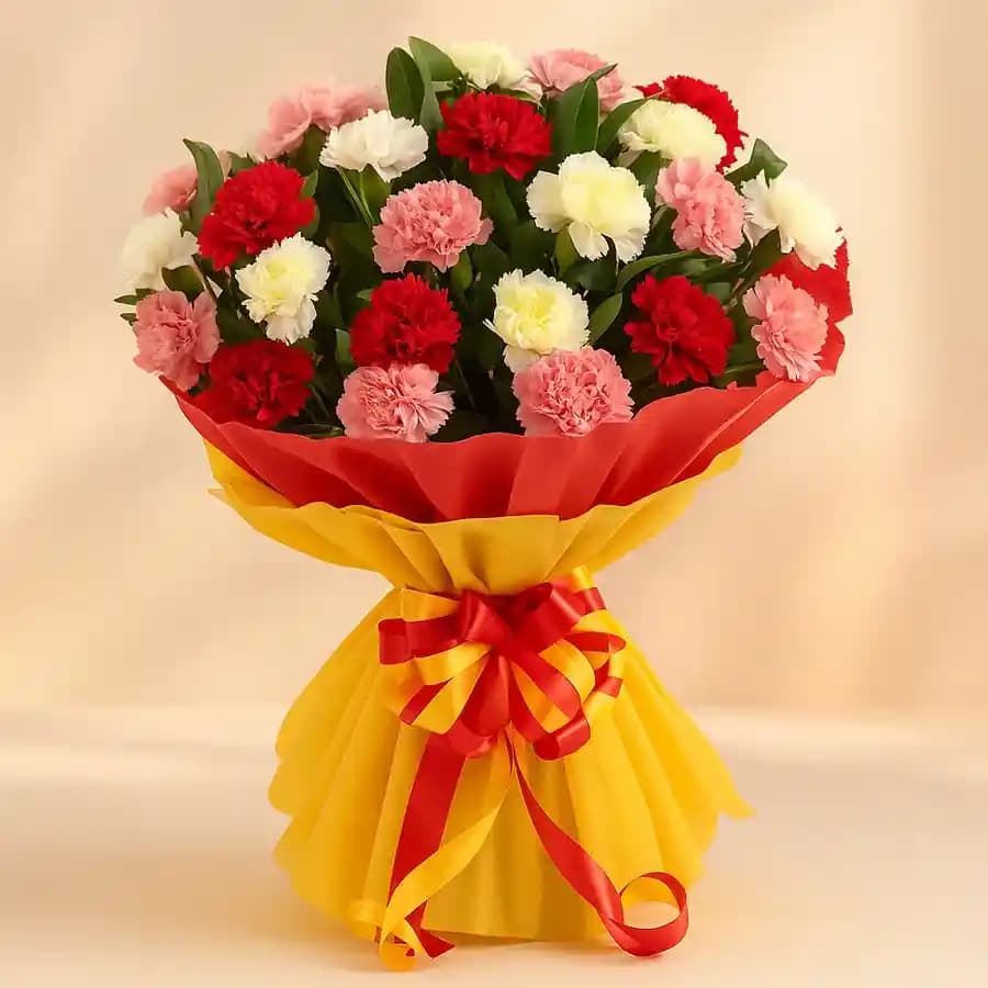 10 Mixed Carnations Tissue Wrapped Bouquet